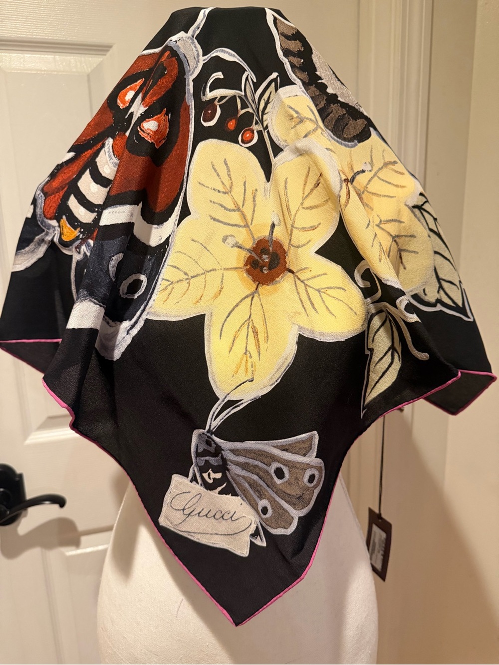 Gucci Black Silk Scarf with Yellow Floral Motif and Pink Trim